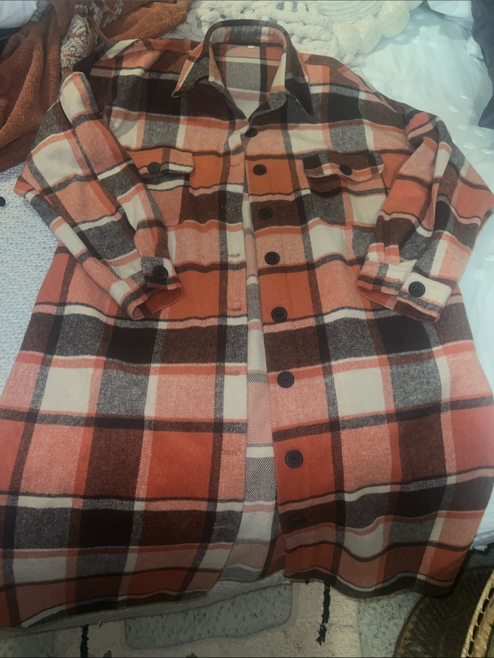 Plaid Button-Up Shacket in Orange and Cream